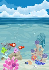 Fototapeta na wymiar underwater landscape background with different corals and clown fish
