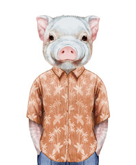 Portrait of Piggy in summer shirt. Hand-drawn illustration, digitally colored.