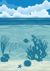 Fototapeta na wymiar underwater landscape background with silhouettes of coral 