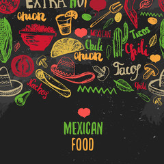 Vintage Mexican Food menu with lettering. Mexican food tacos, burritos, nachos. Mexican kitchen. Can be used for restaurant, cafe wrapping. 