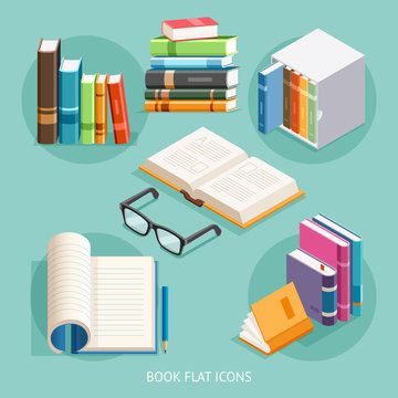 Book Flat Icons Set. Vector Illustration.