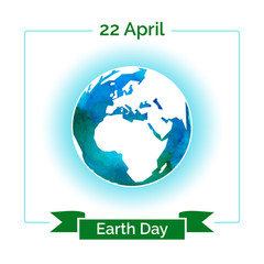 Vector poster for 22 April, Earth Day. International Mother Earth Day. The planet in blue and white colors. Globe and green ribbon as a concept for Earth Day. Template for sticker, flyer or banner.