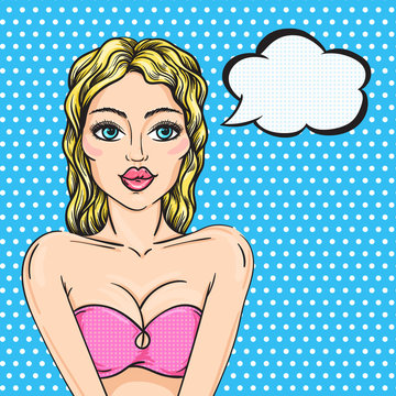 Hot blonde pop art bikini woman on a beach with thought bubble for text, comic style vector.