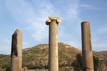 Ancient Greek columns against a blue sky and mountains