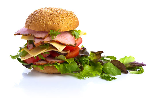 burger and salad on white background