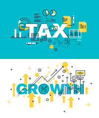 Fototapeta na wymiar Set of modern vector illustration concepts of words tax and growth. Thin line flat design banners for website and mobile website, easy to use and highly customizable.