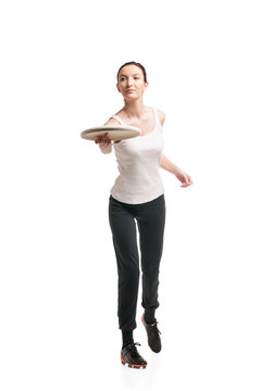 Young Happy Woman Playing Frisbee Over White