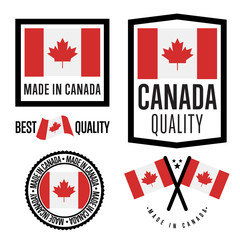 Made in Canada label set. Vector Canada flag. Symbol of quality. Manufacturing by Canada. Tags and sticker collection. Vintage and modern stamp. 