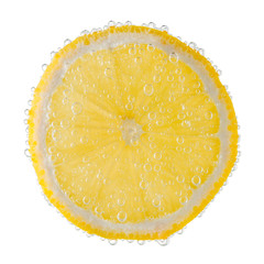 lemon slice with bubbles on a white background