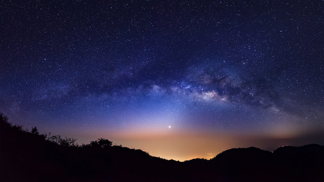 Panorama Milky Way Galaxy.Long exposure photograph.With grain