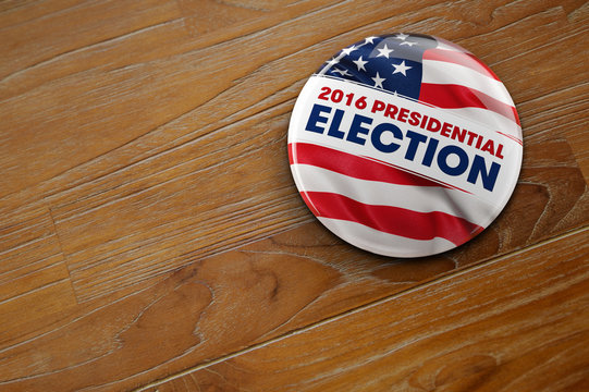 2016 US Presidential Election Button On Wooden Surface