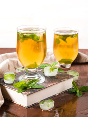 Cold tea with ice and mint leaves