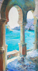 oil painting, art, seascape, mountains, rocks, sea - 107955988
