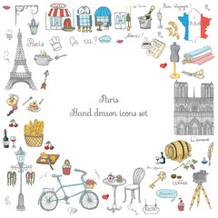 Naklejka premium Zestaw ręcznie rysowane ikony francuski, Paryż szkic ilustracji wektorowych, elementy doodle, elementy narodowe Francji na białym tle, ikony podróży do Francji dla kart i stron internetowych, kolekcja symboli Paryża