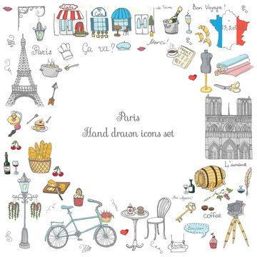 Set of hand drawn French icons, Paris sketch vector illustration, doodle elements, Isolated France national elements, Travel to France icons for cards and web pages, Paris symbols collection