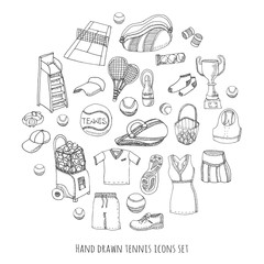 Hand drawn doodle Tennis game set Vector illustration tennis equipment Sport symbols Isolated icons collections Cartoon tennis concept elements Racket, tennis ball, tennis dress, shoes, tennis court