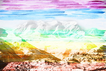 Plakaty  Fantastyczny górski krajobraz, wykonany z kolorowego filtra akwarelowego
