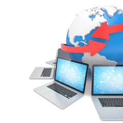 Laptop network around earth globe. 3d rendering.