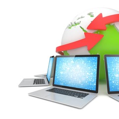 Laptop network around earth globe. 3d rendering.