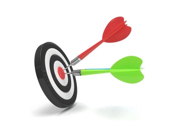 Three multicolor arrows darts in center. 3d rendering.