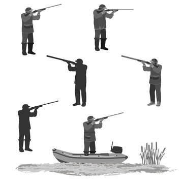 
man shoots from a rifle at the plates and on the hunt.
one is in a motorboat. totally vector illustration