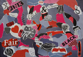 Modern Atmosphere  mood board collage sheet  in red,pink, black and white color made of teared magazine paper with figures, letters, colors and textures, results in art
