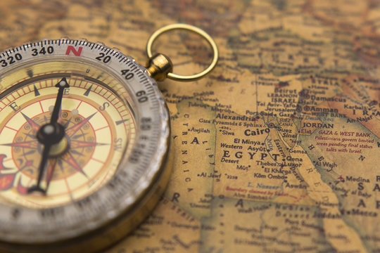 Old Compass On Vintage Map Selective Focus On Egypt