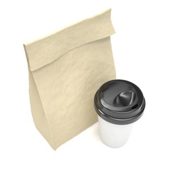 Coffee to go and lunch bag, on white. 3d rendering.