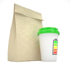 Coffee to go and lunch bag, on white. 3d rendering.