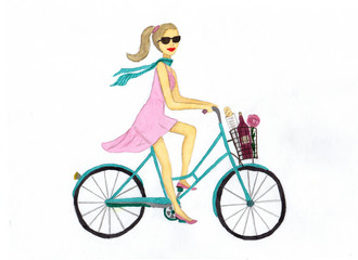 Fototapeta na wymiar Beautiful girl on a turquoise bike. Illustration
