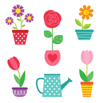 Vector set of flowers in pots and watering can
