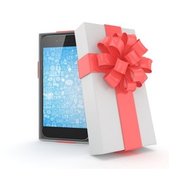 Smartphone in gift box. Isolated on white background. 3d rendering.