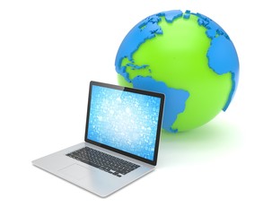 Laptop network and earth globe. 3d render