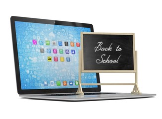 Laptop with chalkboard, back to school, online education concept. 3d rendering.