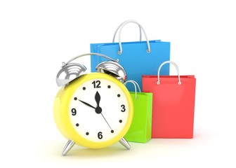 alarm clock and shopping bag (time to buy concept). 3d rendering.