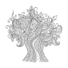 Doodle art tree. Zentangle floral pattern.  Hand-drawn design element. 