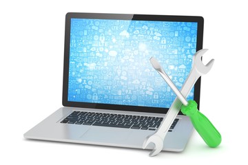 3D Illustration Wrench and screwdriver on laptop, service concept