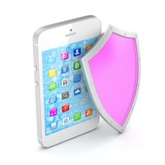 Smartphone and shield on white, security concept. 3d rendering.