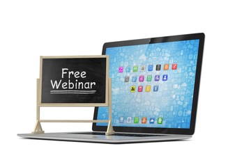 Laptop with chalkboard, free webinar, online education concept. 3d rendering.