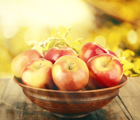 Bowl of red apples on table on nature background