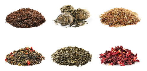 Assortment of dry tea, isolated on white