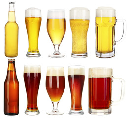 Different types of beer in glasses and bottles, isolated on white