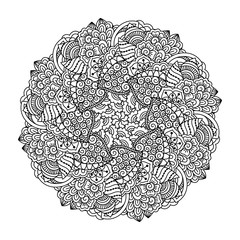 Round element for coloring book. Black and white ethnic henna pattern. Floral mandala.Black and white pattern. Ethnic henna hand drawn background for coloring book, textile or wrapping.
