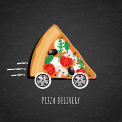 Obrazy na Szkle  Wektor wzór dostawy pizzy, menu restauracji włoskiej, kawiarni, pizzerii. Pizza z kołami na tle czarnej tablicy. Kawałek pizzy z pomidorami, oliwkami, pieczarkami. Symbol dostawy fast food.