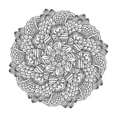 Round element for coloring book. Black and white ethnic henna pattern. Floral mandala.Black and white pattern. Ethnic henna hand drawn background for coloring book, textile or wrapping.

