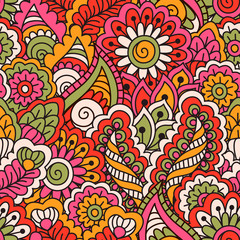 Hand drawn seamless pattern with floral elements. Colorful ethnic background. Pattern can be used for fabric, wallpaper or wrapping