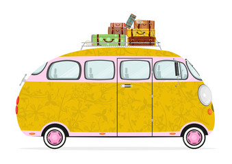 Funny cartoon hippie bus on a white background. Flat vector