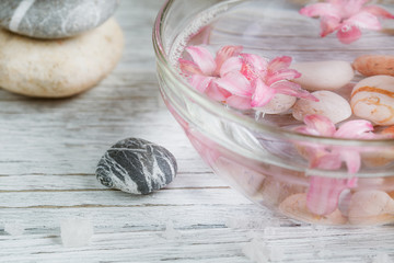 Composition of spa treatment on wooden background