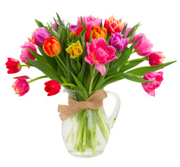 bouquet of  pink, purple and red  tulips