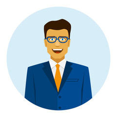 Round icon with smiling businessman in suit.